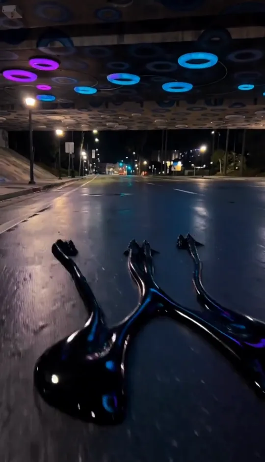 Black liquid tendrils race out of a puddle on a wet road under a neon-lit overpass at night