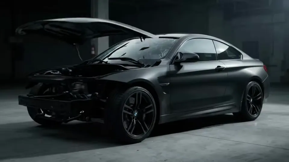 A dark coupe half rebuilt in a grey studio with its hood still open