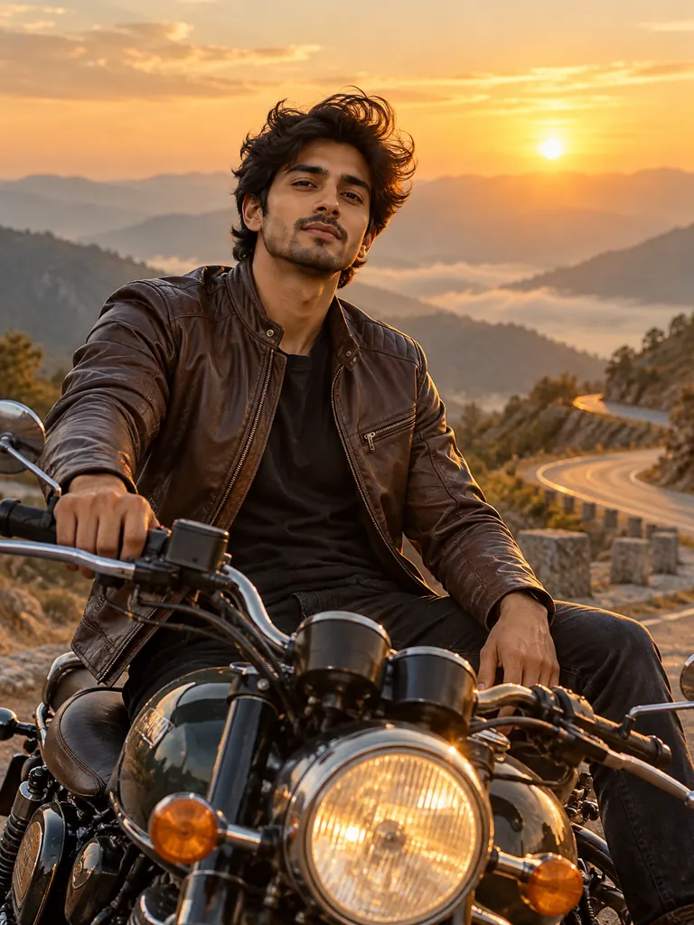 Sitting on a vintage motorcycle on a mountain road at golden hour.