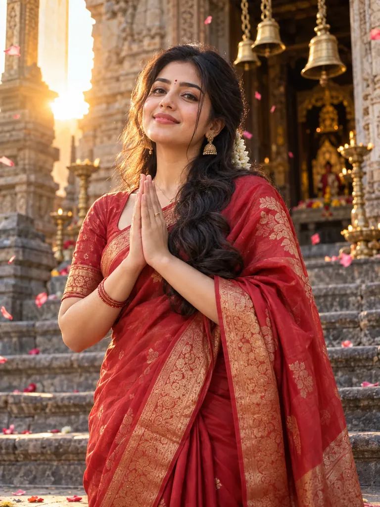 Standing with folded hands on old temple steps, with golden sunrise light and floating petals.