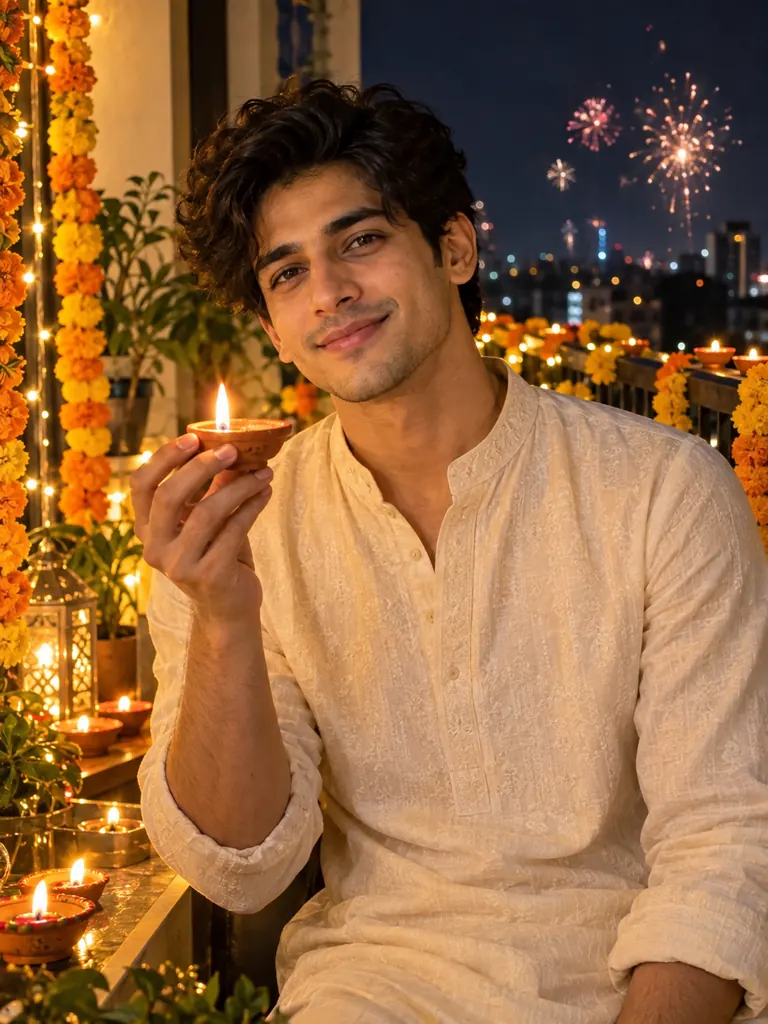 Warm holiday glow on a decorated balcony, holding a small lit diya near your face.