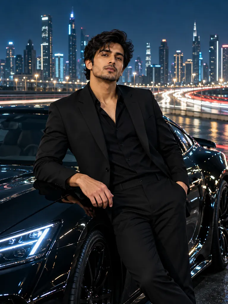 Black blazer, leaning on a dark premium car on a city highway with night lights.