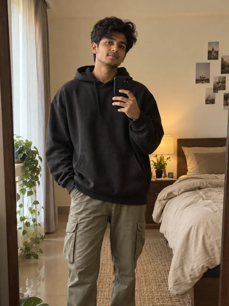 Wearing casual streetwear, you take a relaxed mirror selfie in your cozy bedroom under warm lamp light.