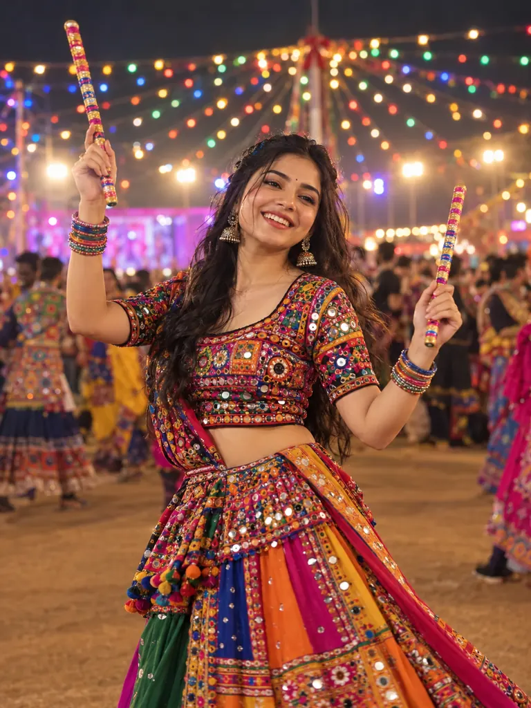 Festive mirror-work outfit and dandiya sticks, with colorful lights and a blurred crowd behind you.