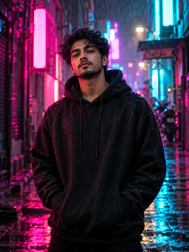 Bright pink and blue neon lights reflecting on a rainy street.