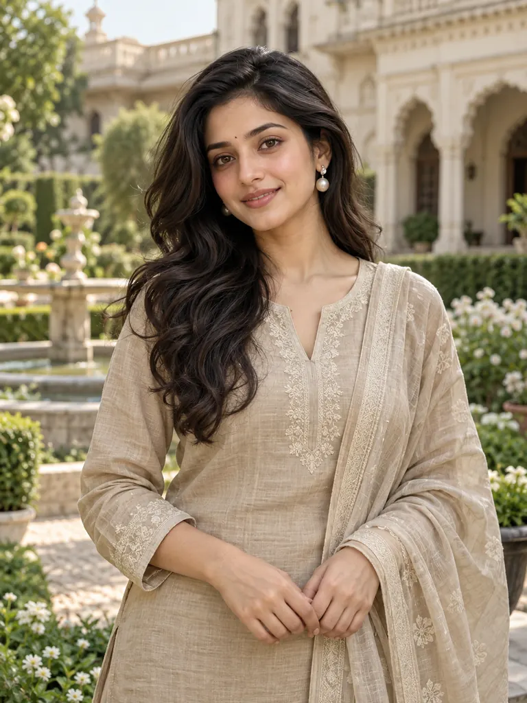 Beige linen suit or ivory saree with pearls, in the garden of an old mansion.