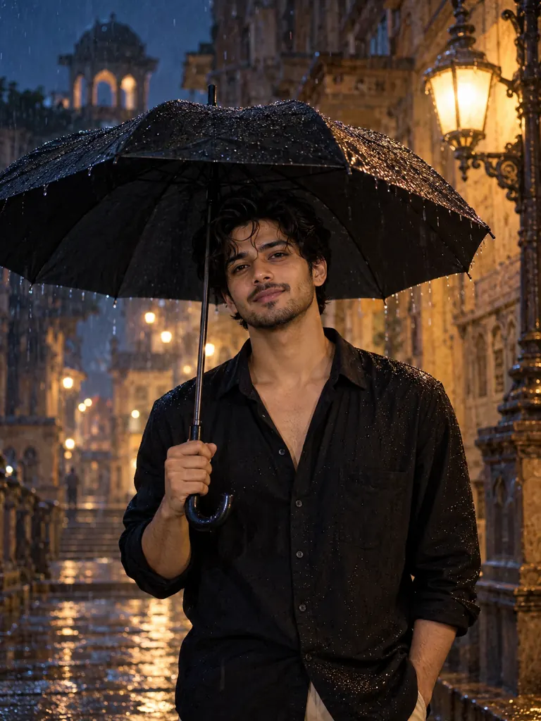 Holding an umbrella under a street lamp on a dark, moody rainy night.