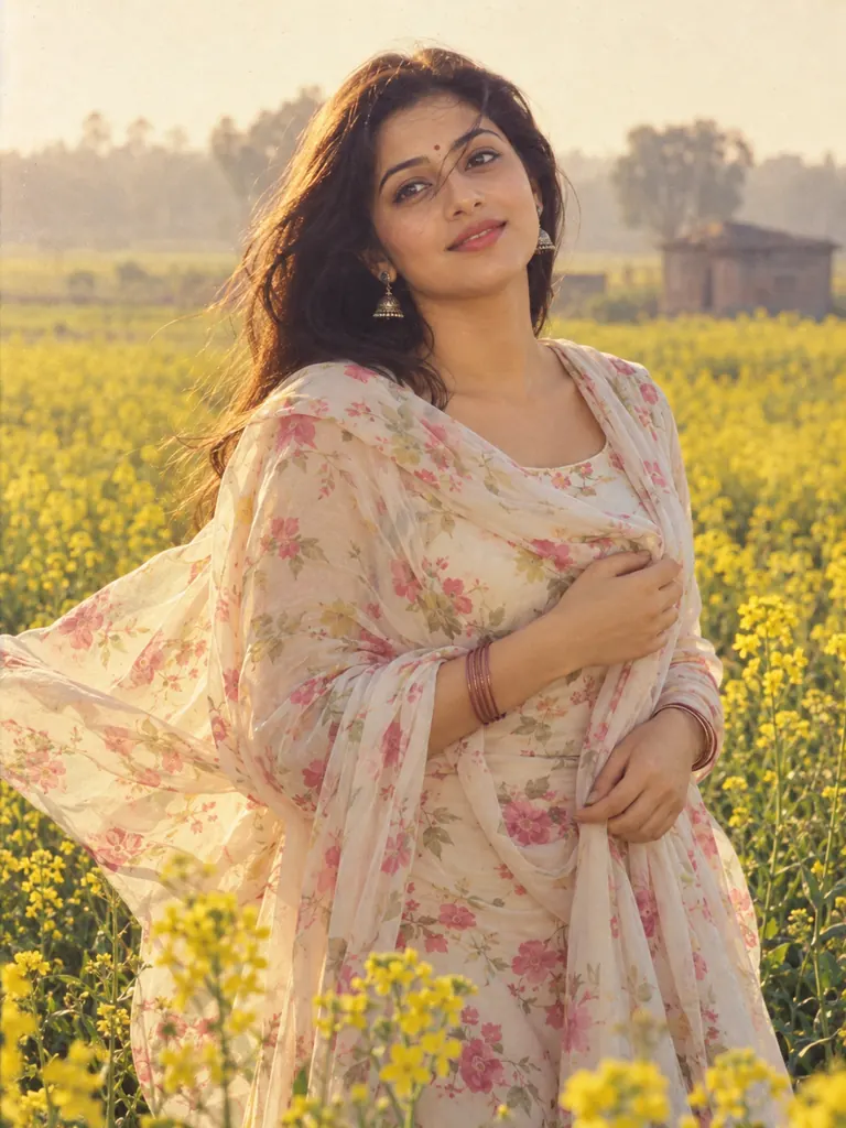 Soft faded film colors and grain, standing in a yellow mustard field.