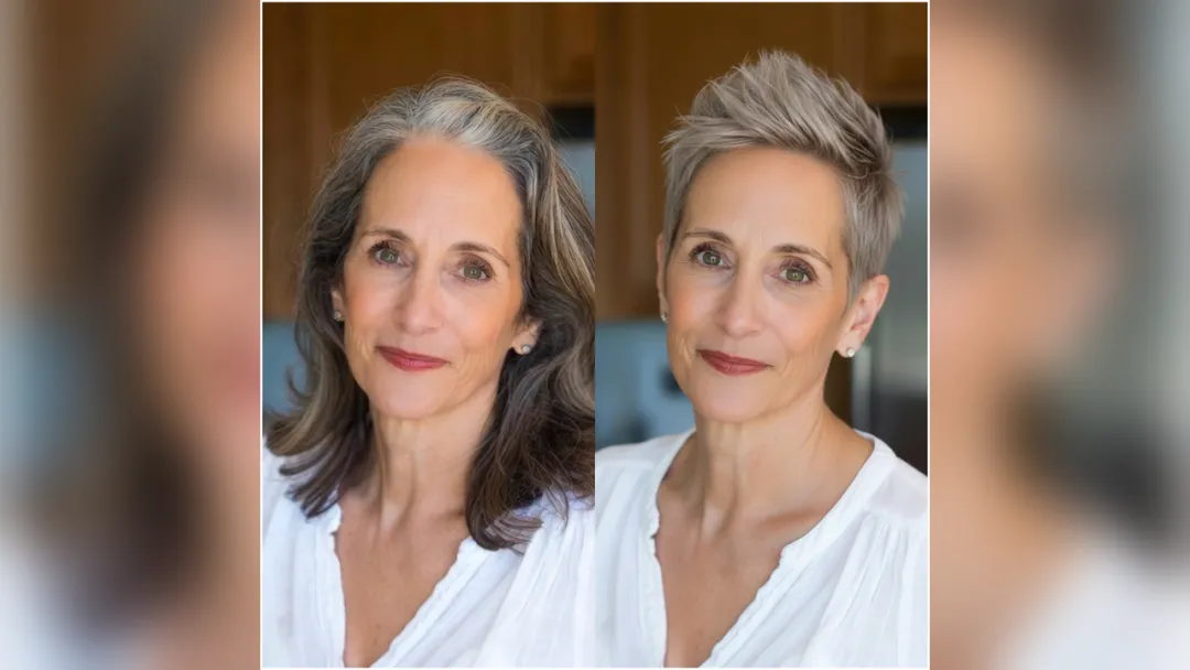 Before and after: medium hair changed to a pixie cut