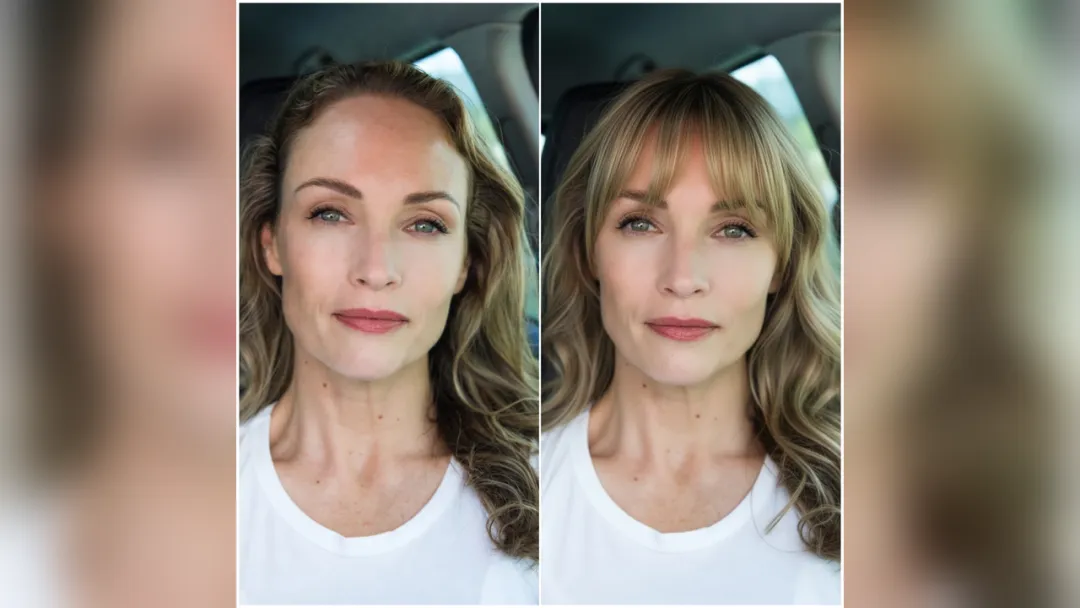 Before and after: hair without bangs changed to hair with bangs