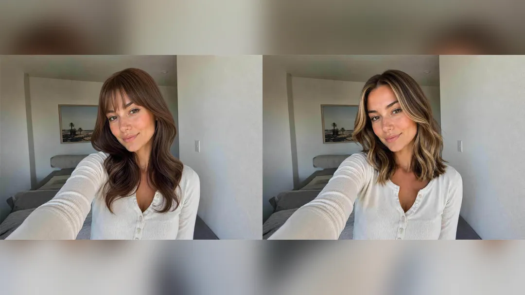 Before and after: long hair changed to medium hair with bangs
