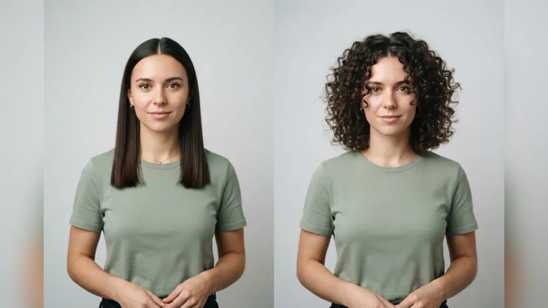 Before and after: straight hair changed to curls