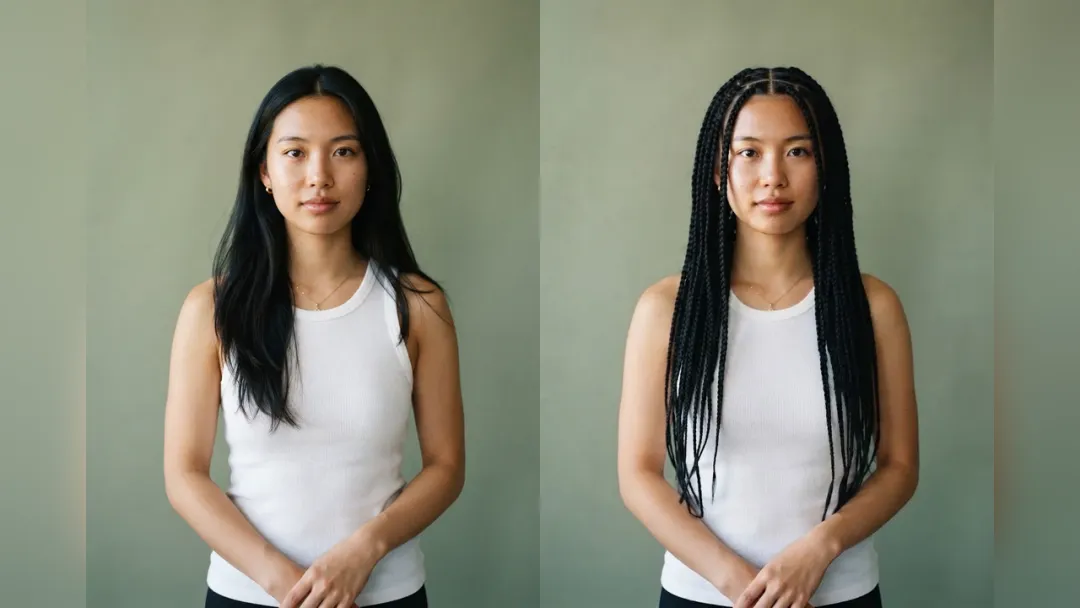 Before and after: straight hair changed to braids