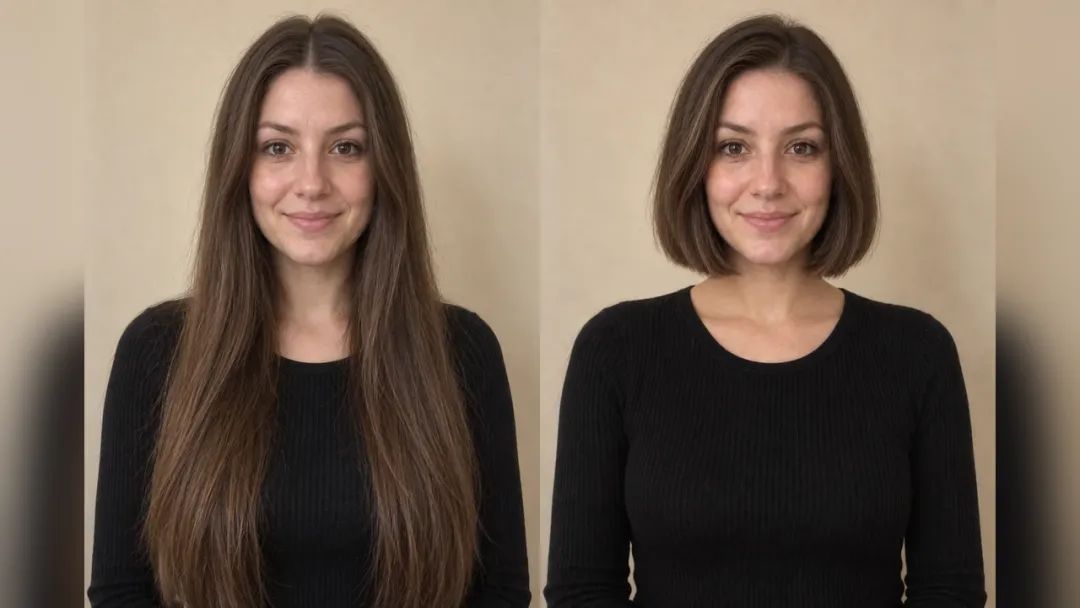 Before and after: long hair changed to a short bob
