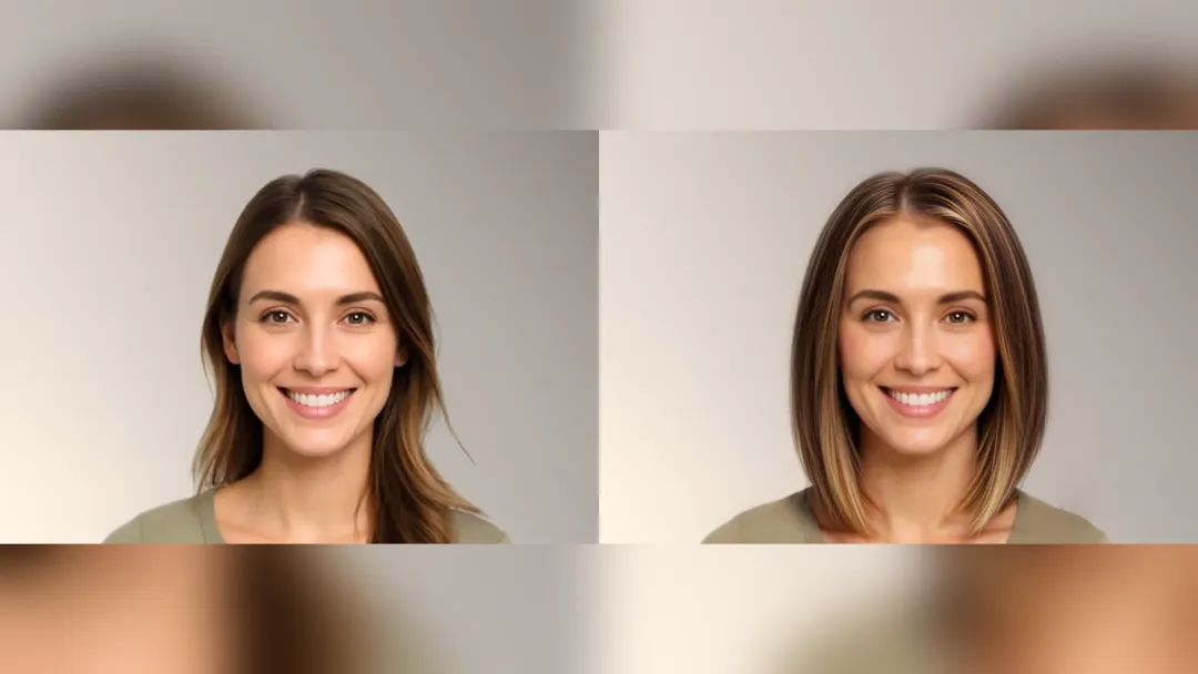 Before and after: shoulder-length hair cut into a chin-length bob