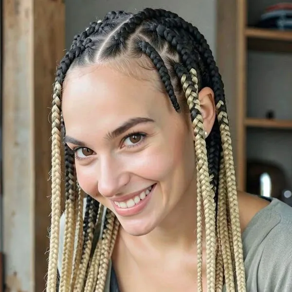 Long, neat box braids reaching past the shoulders