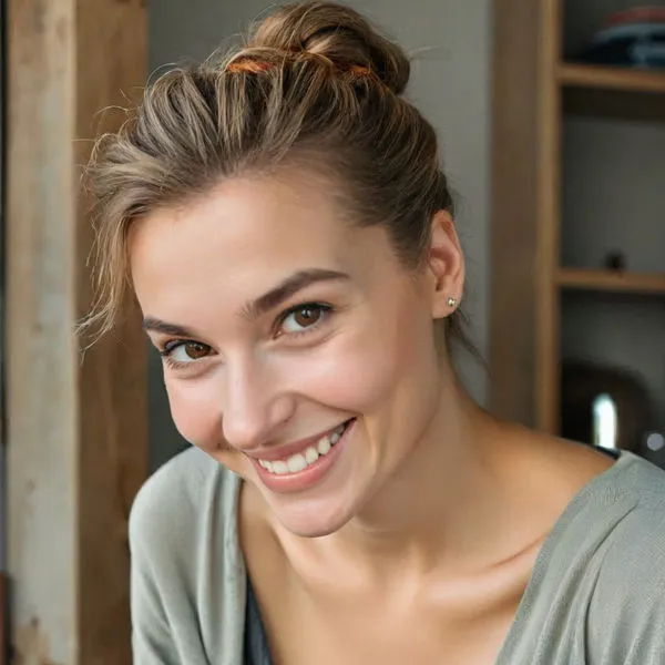 Loose messy bun on top with a few loose strands