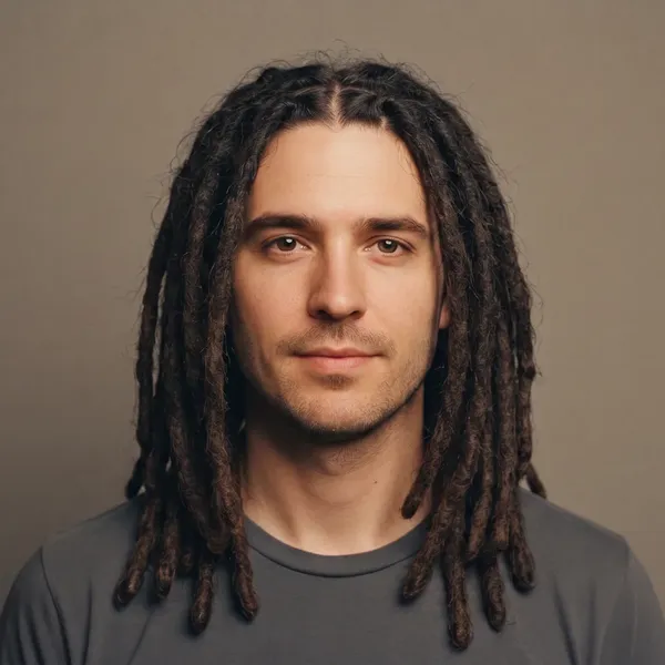 Shoulder-length, neat rope-like locs around the face