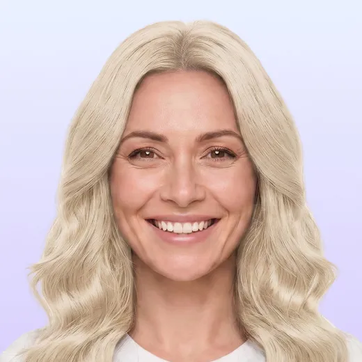 Very light platinum blonde color, same haircut