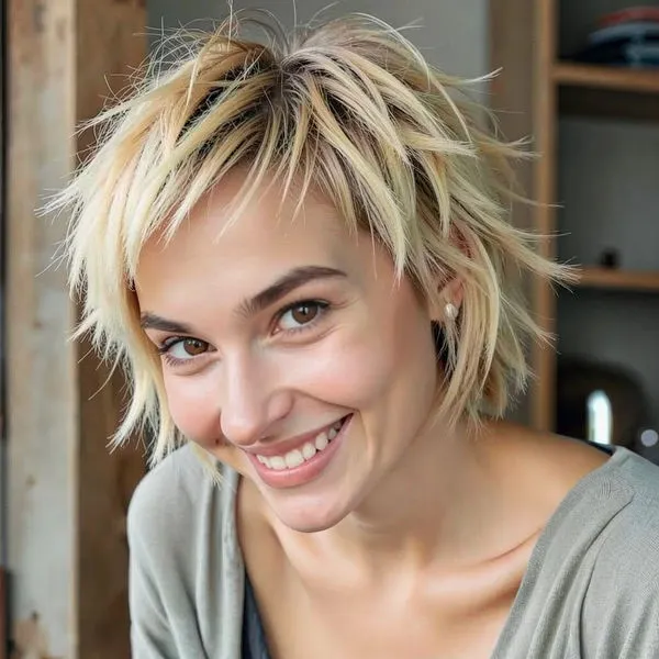 Choppy shoulder-length shag with wispy bangs